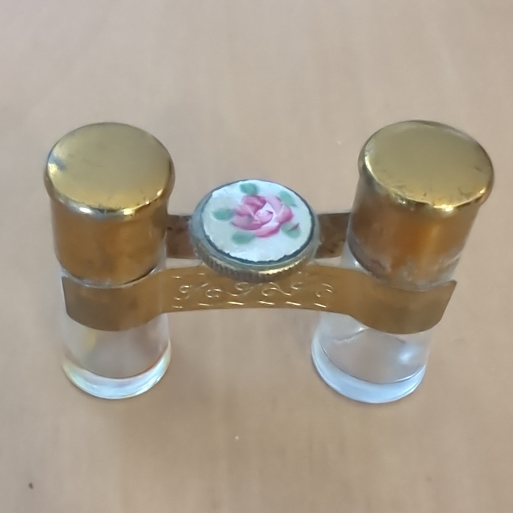 Vintage Brass and Glass Opera Glasses with Pink Rose Accent Perfume Set